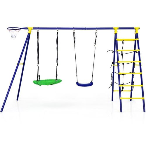 5-In-1 Outdoor Kids Swing Set with A-Shaped Metal Frame and Ground Stake 5-In-1 Outdoor Kids Swing Set with A-Shaped Metal Frame and Ground Stake